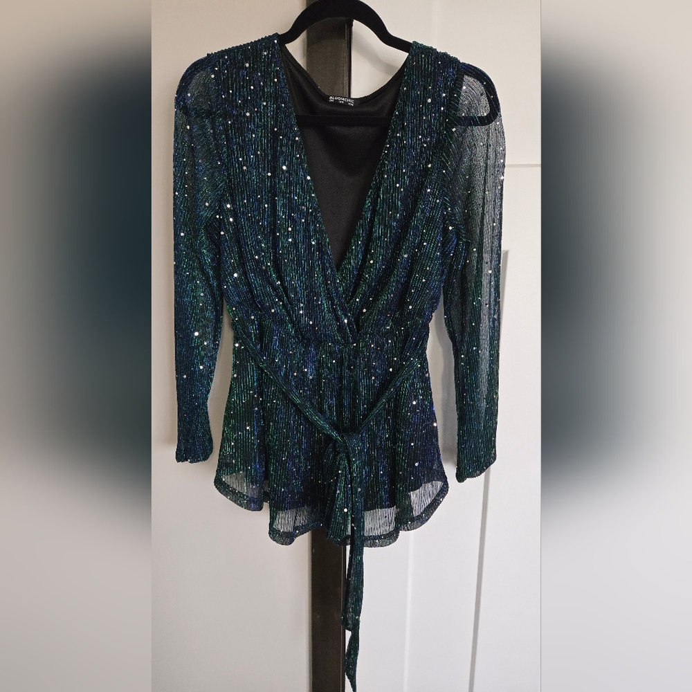 Shimmering Green and Black Wrap Dress
